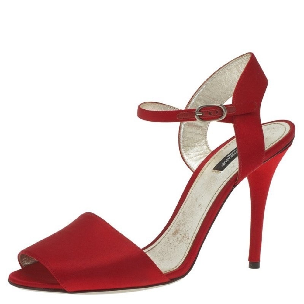 Dolce & Gabbana Red Satin Ankle Strap Peep Toe Stiletto Sandals 37.5 US 7.5